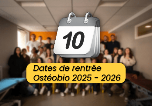 Photo avec les étudiants d'Ostéobio en fond pour annoncer la rentrée 2025 d'Ostéobio